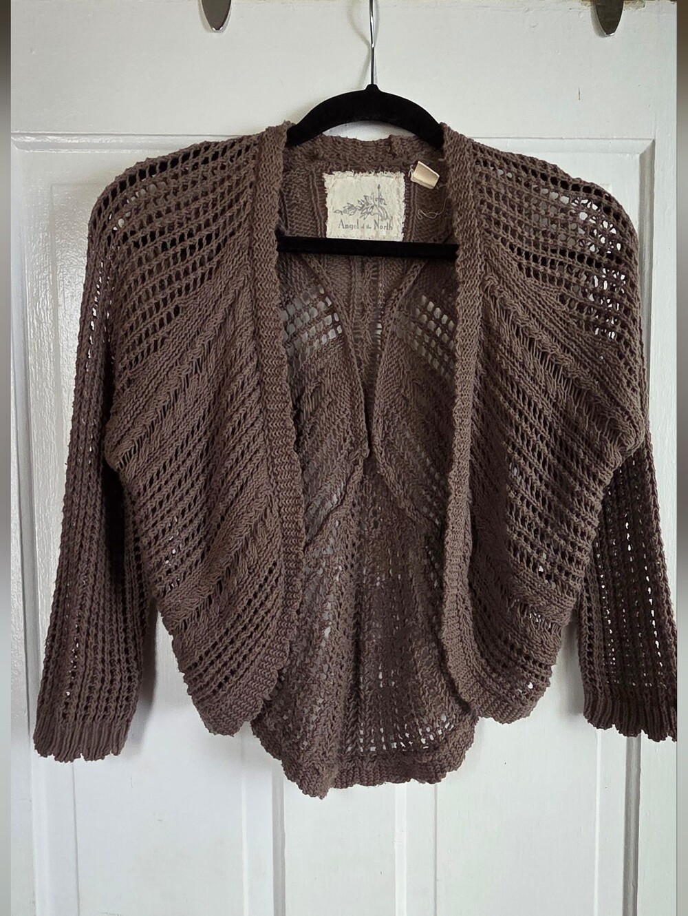 Angel Of The North Taupe Open-Knit Cropped Shrug, Anthropologie